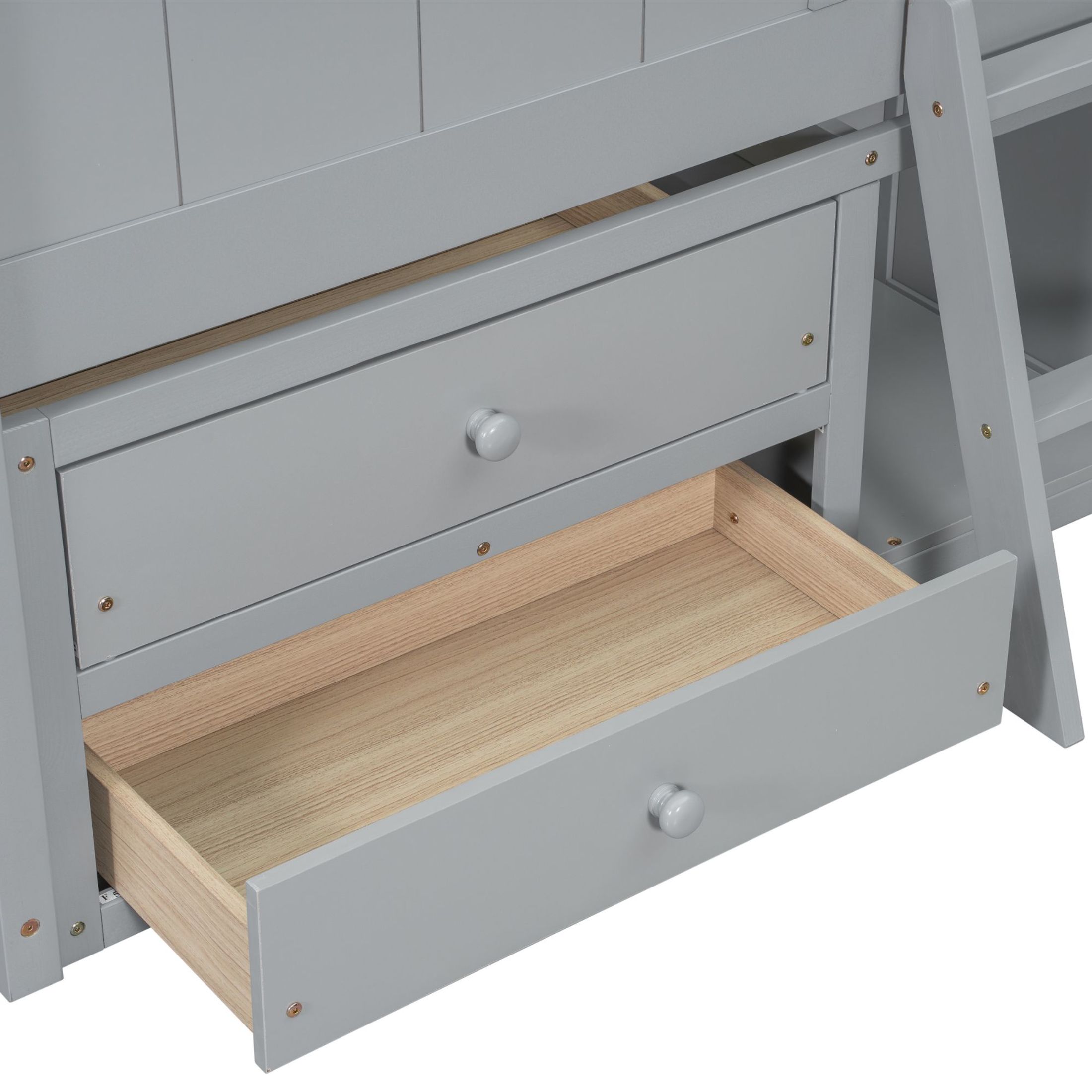 Noble House Full Size House Loft Bed, Pine Wood Frame with Roof, Windows, Ladder, and Storage Drawers, Grey