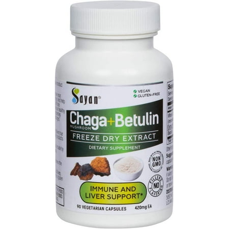 Sayan Siberian Wild Forest Chaga Mushroom Extract Powder with Betulin Birch Bark Extract 90 Vegetarian Capsules 420mg each Antioxidant, Immune System Booster, Inflammation Reduction Help, Fight Yeast