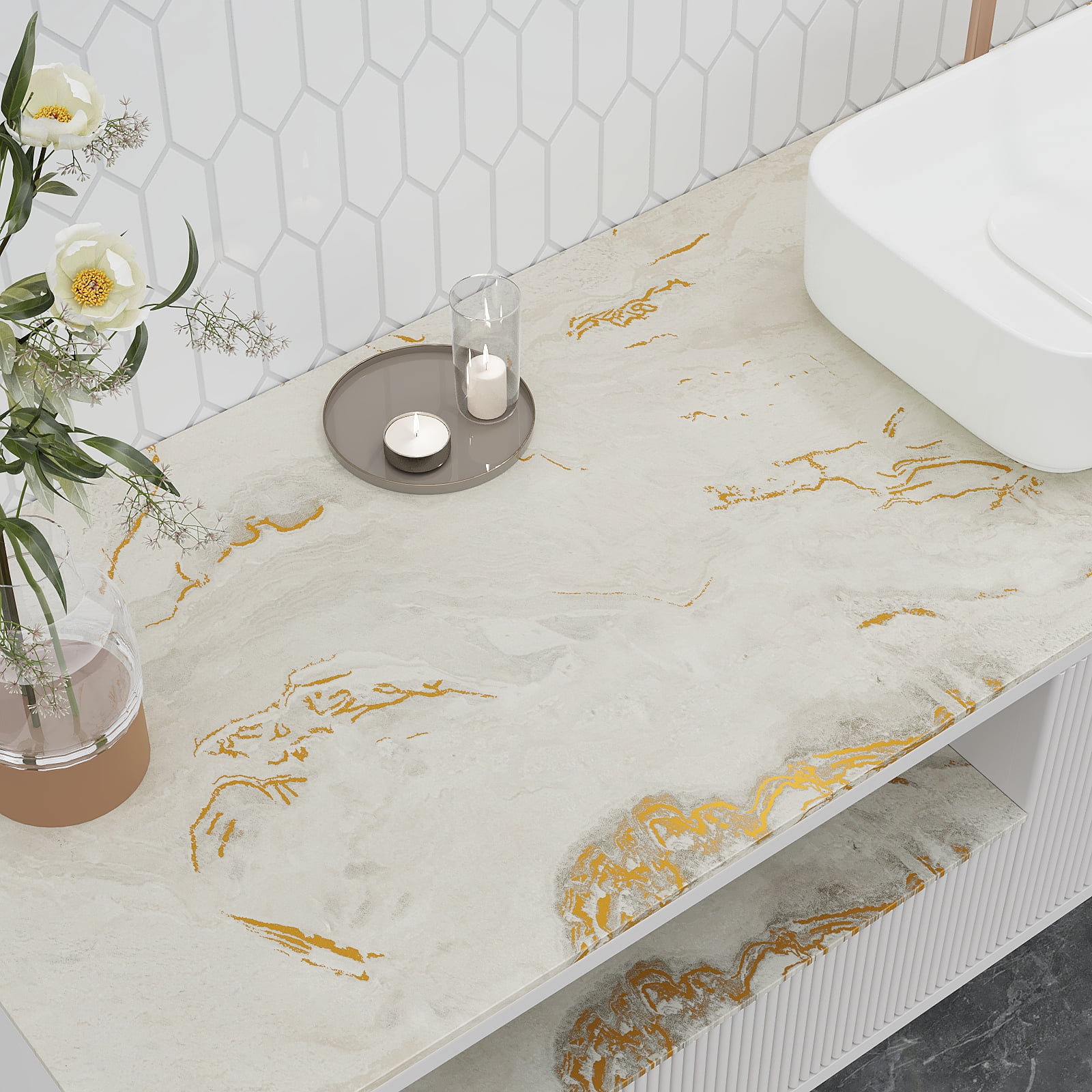 VEELIKE Matte Beige Gold Marble Countertop Contact Paper for Countertop Waterproof Peel and Stick Granite Marble Wallpaper for Kitchen Self Adhesive Countertop Covers for Bathroom Walls 15.7"x354"