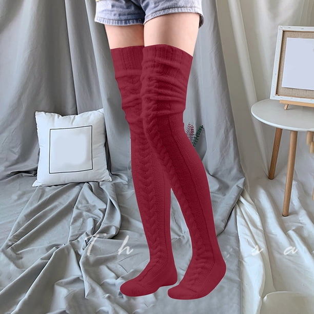 Calcetines de lana cálidos para mujer, calcetines de invierno de color liso hasta la rodilla, calcetines largos de tubo, calcetines gruesos, calcetines de poliéster para mujer