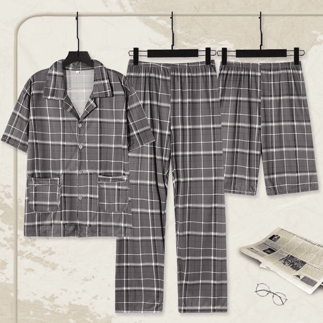 Conjunto de tres piezas de pantalones cortos de verano para hombre, pantalones largos de manga corta de algodón puro, ropa de casa, novedad de 2023