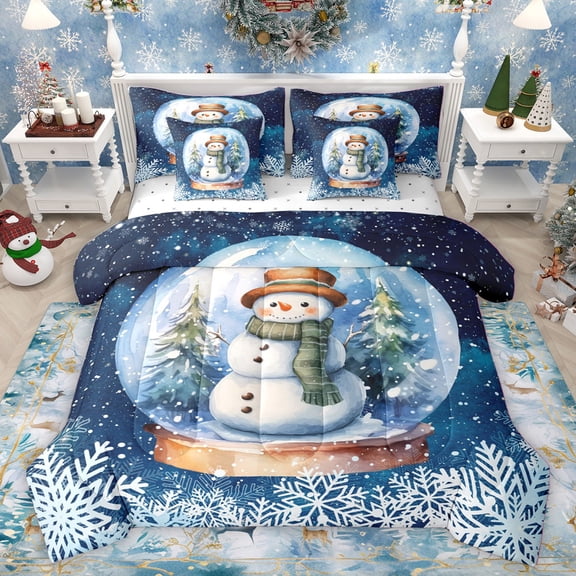 Homewish Boys Girls Crystal Ball Twin Bedding Sets 7-Piece,Xmas Snowman Snowflake Bedding Comforter Set Microfiber,Merry Christmas Breathable Sheet Sets,Super Cozy Room Decor,Reversible