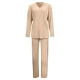 thumbnail image 4 of DuoJiaJ Womens Ribbed Knit Pajamas Set V Neck Long Sleeve Pj Set Matching Outfits Top And Pant Loungewear Casual Sweatsuits Cotton Nightwear For Women Khaki, 4 of 5