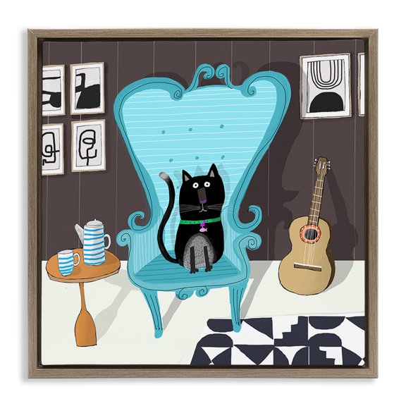 Stupell Industries Modern Cat in Modern Room Brown Floating Frame Canvas Art, 18 x 18, by Carla Daly