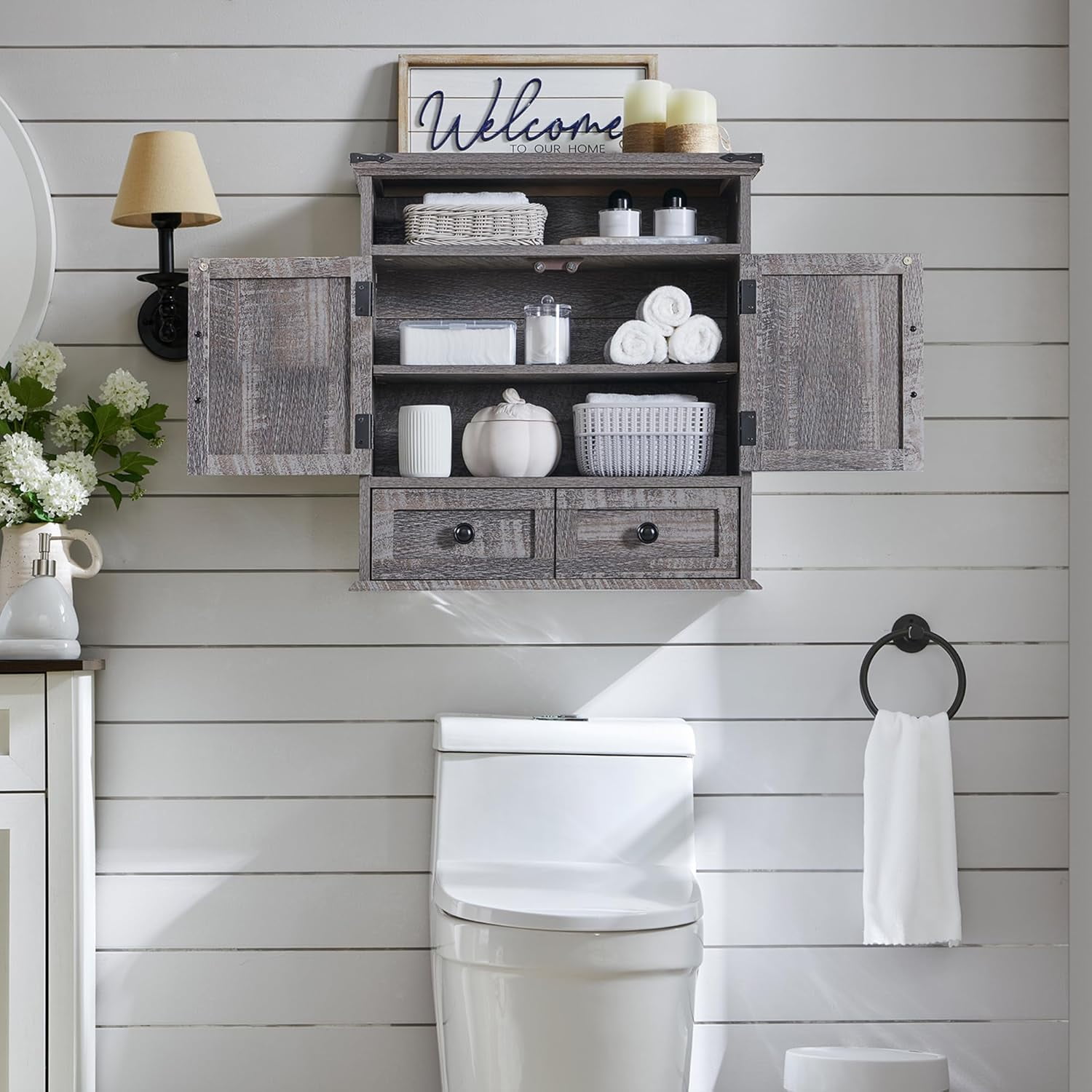 Garvee Bathroom Wall Cabinet, Farmhouse Medicine Cabinet, 24" Wide Cabinet with Drawer, Adjustable Shelf, Double Barn Doors, Storage Cabinet for Bathroom, Kitchen, Living Room Gray
