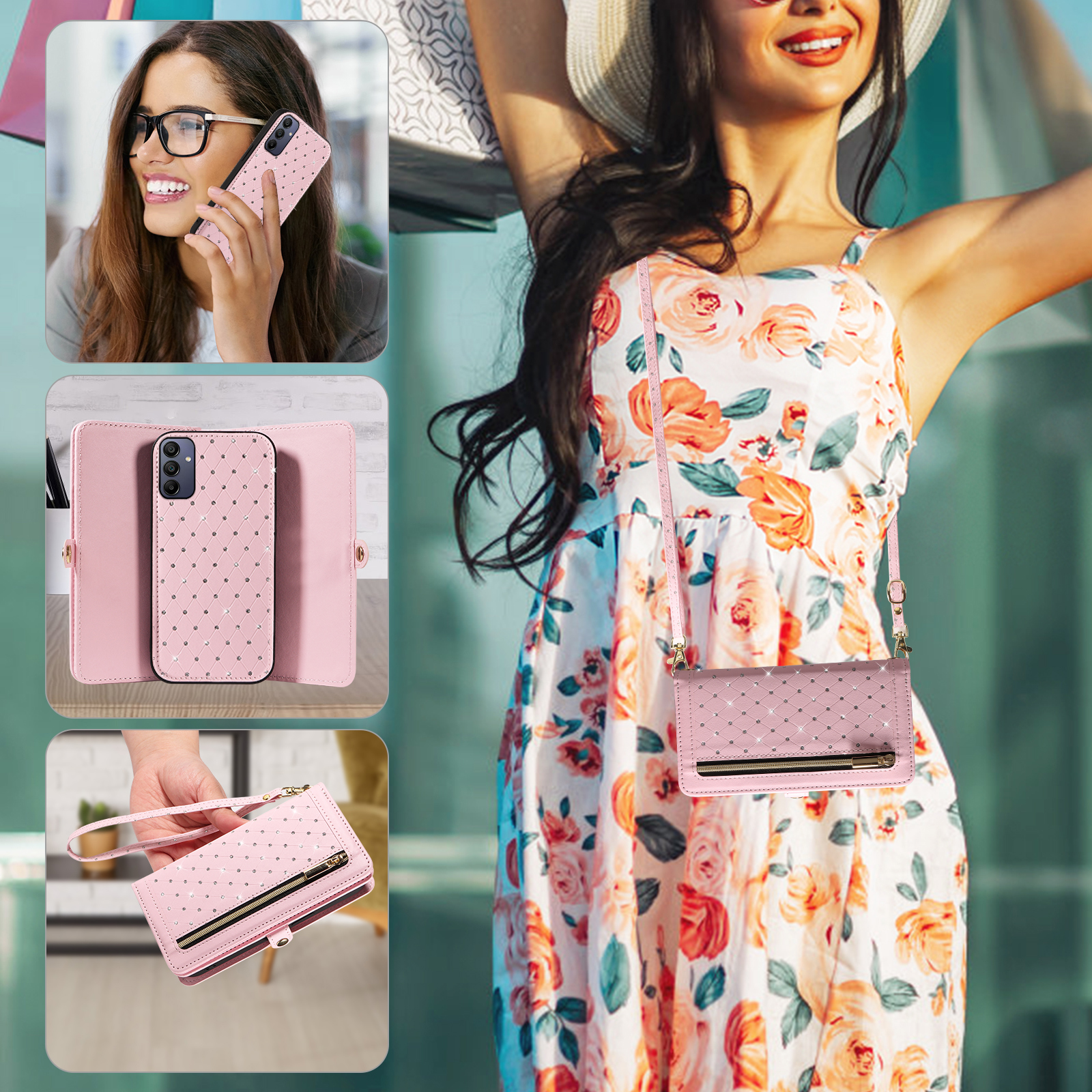 Asuwish Phone Case for Samsung Galaxy A15 5G/4G Zipper Wallet Detachable Cell Cover with Tempered Glass Screen Protector Crossbody Lanyard Strap Bling Glitter Flip Card Holder Slot A 15 G5 15A Pink