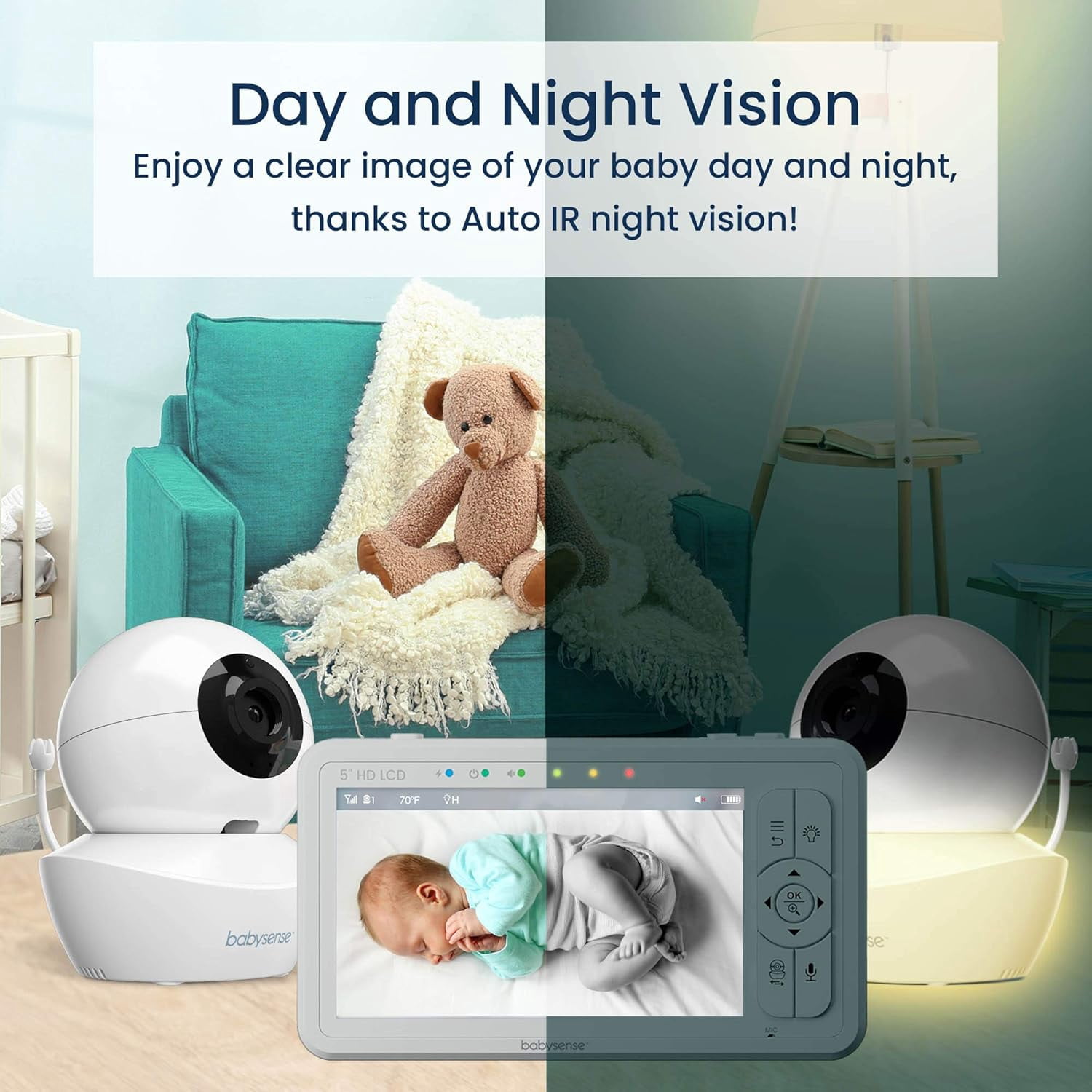 Babysense HD Video Baby Monitor Split Screen, 5" HD Display with 2 Cameras, Night Light, Non-Wi Fi, Pan Tilt Zoom, HDS2