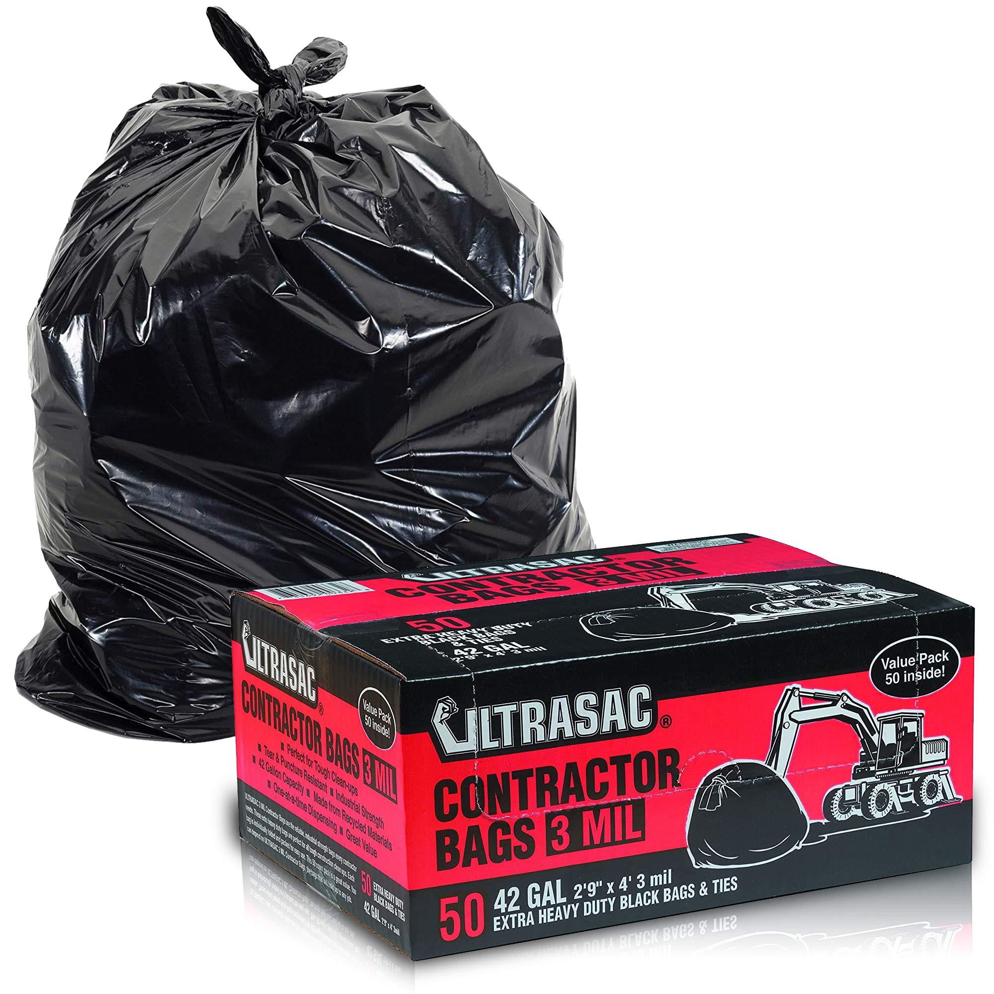 Heavy Duty Contractor Bags by Ultrasac (VALUE 50 PACK /w TIES), 42