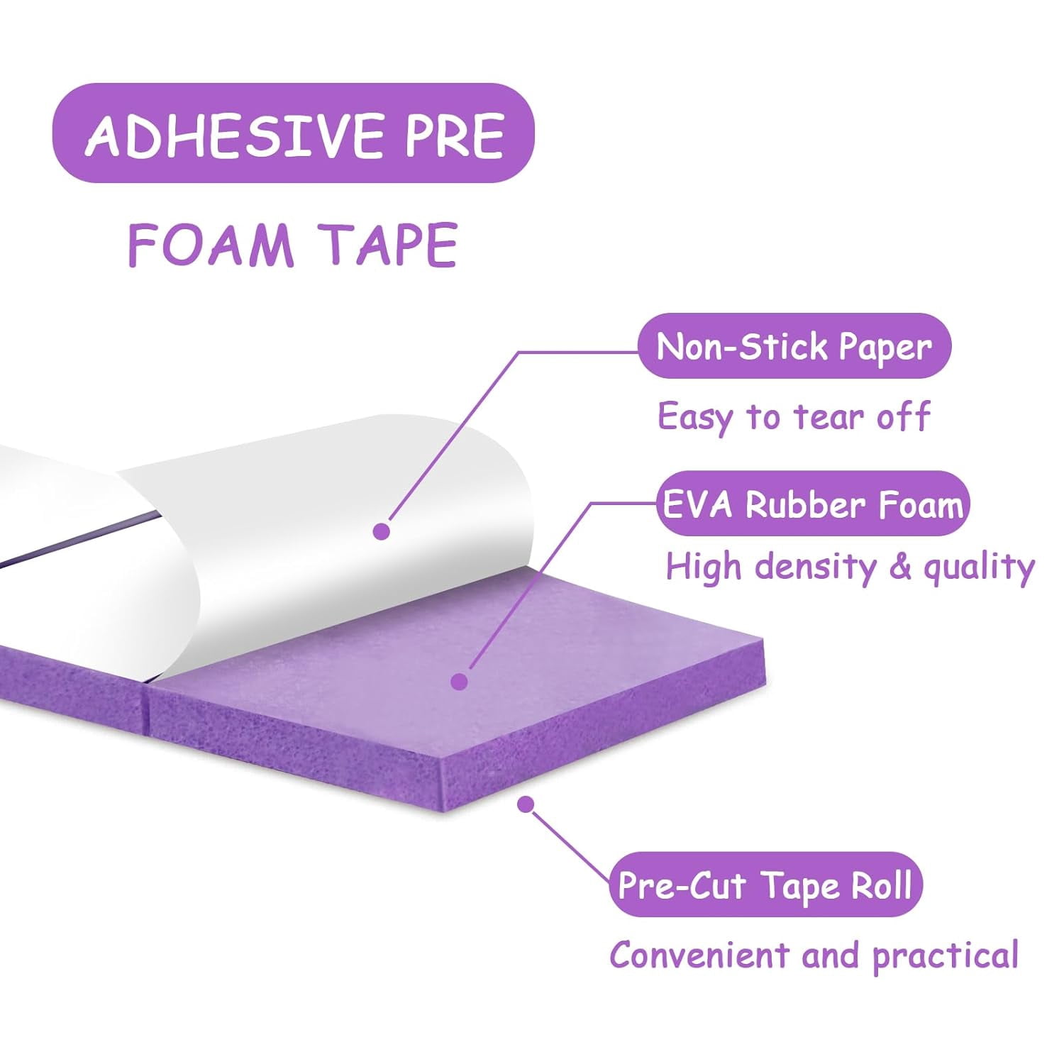168 Pcs Foam Tape Craft Double Sided Precut 3/4 X 1/2 Inch 3D Adhesive Foam Squares Self Adhesive Dots Purple for Halloween Christmas DIY Crafts Art Sewing Supplies (1 Tape, White)