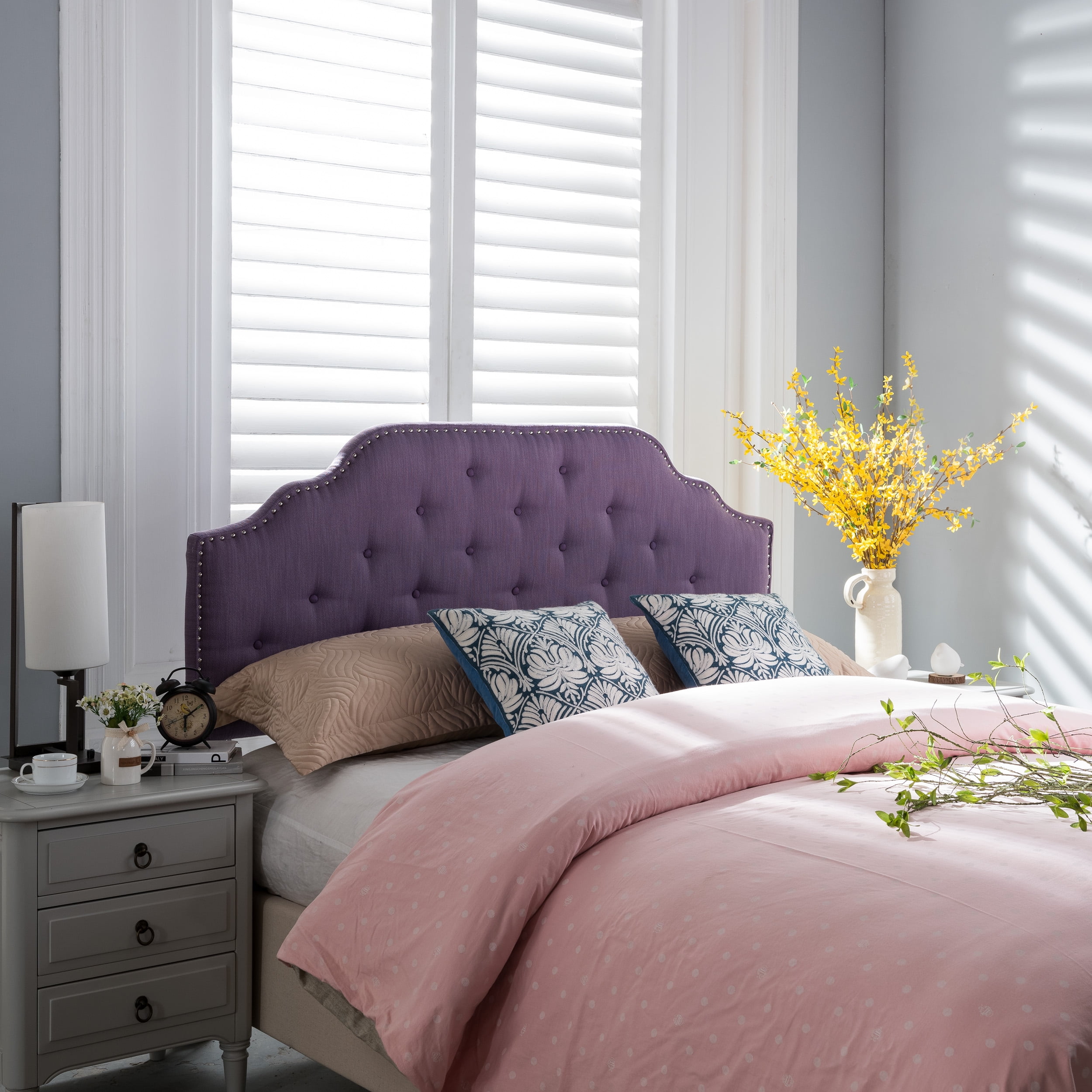 Noble House Aryanna Studded Edge Fabric Queen/Full Headboard, Light