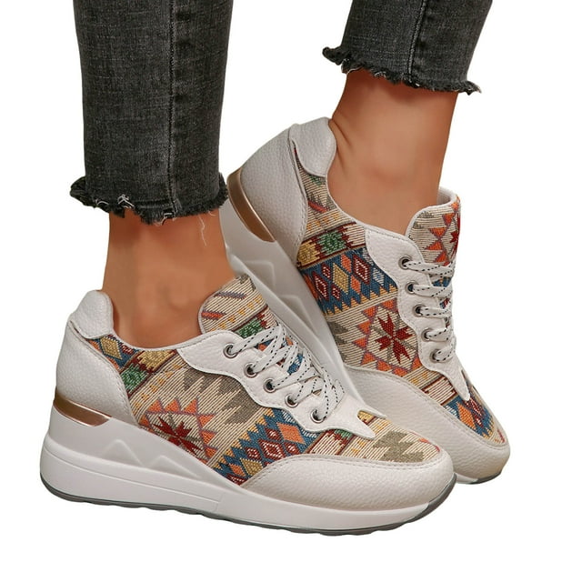 Espadrilles à Talons Compensés Ethniques pour Femmes, Espadrilles Mode Boho en Toile, Rehaussantes, Chaussures de Marche, Chaussures Décontractées d'Automne pour la Plage