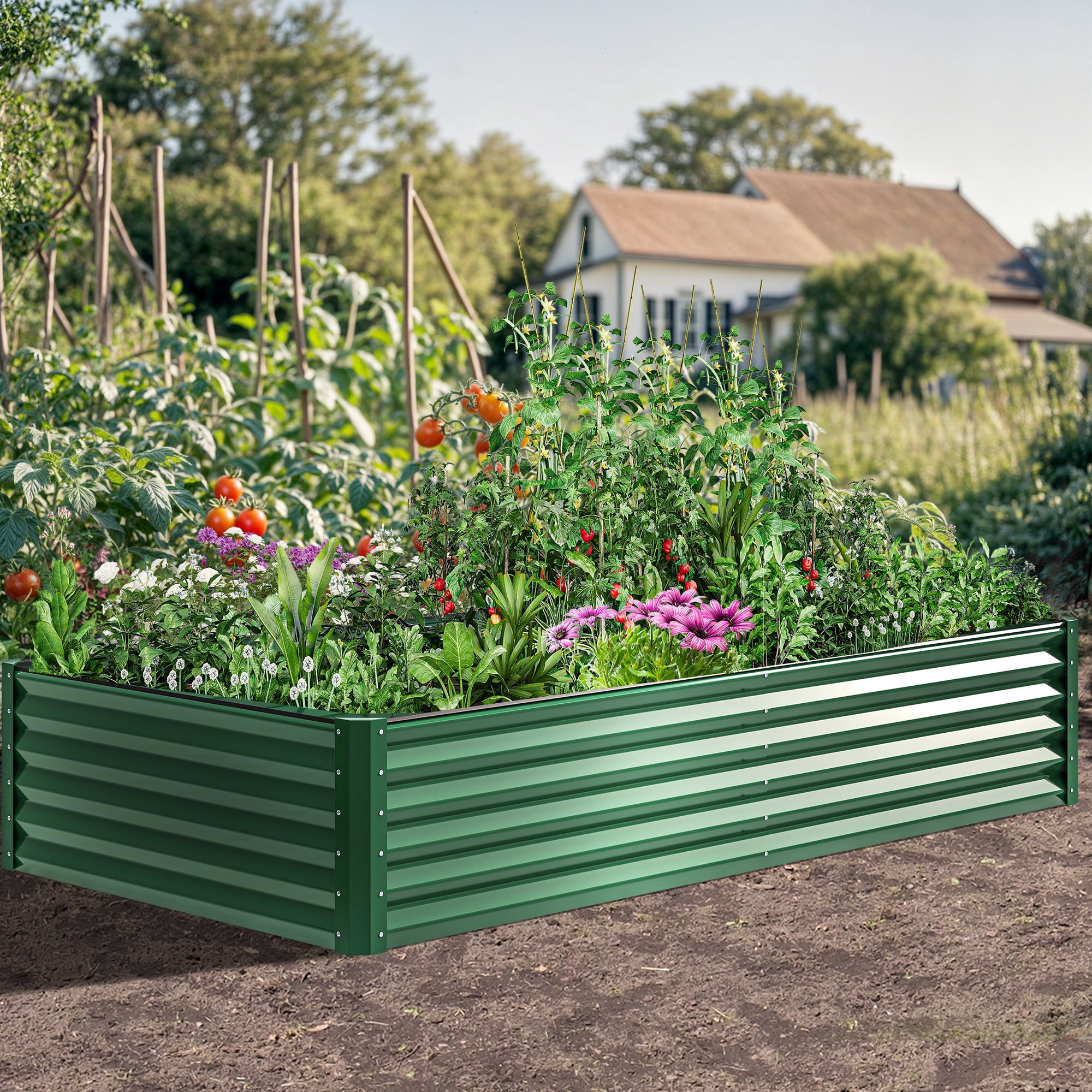 Dextrus 8x4x1.5Ft Large Raised Garden Bed, Galvanized Metal Planter with Accessories & Gloves, Green