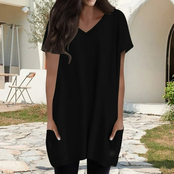 Tittly Womens Shirts Tshirts Shirts Womens Summer 2025 Casual Short Sleeve V Neck Shirts Loose Fit Oversized Tshirts Tunic Tops With Pockets Short Sleeve Shirts T Shirts for Women Black L