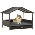 thumbnail image 3 of PawHut Wicker Dog House Elevated Raised Rattan Bed for Indoor/Outdoor with Removable Cushion Lounge, Gray, 3 of 10