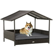 CoSoTower Wicker Dog House Outdoor with Canopy, Rattan Dog Bed with Water-Resistant Cushion, for Small and Medium Dogs, Gray