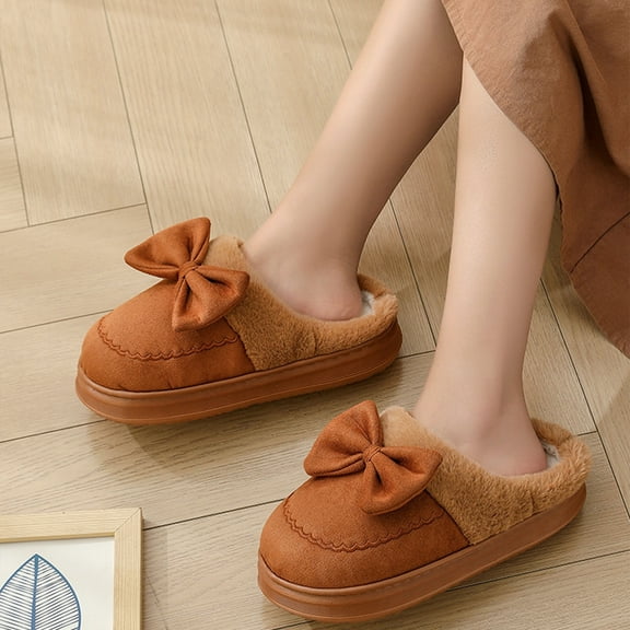 Wowcloth Women's Casual Bow Slip-On Slippers – Thick Sole Non-Slip Fall/Winter House Shoes with Cozy Indoor Home Slides for Women Footwear