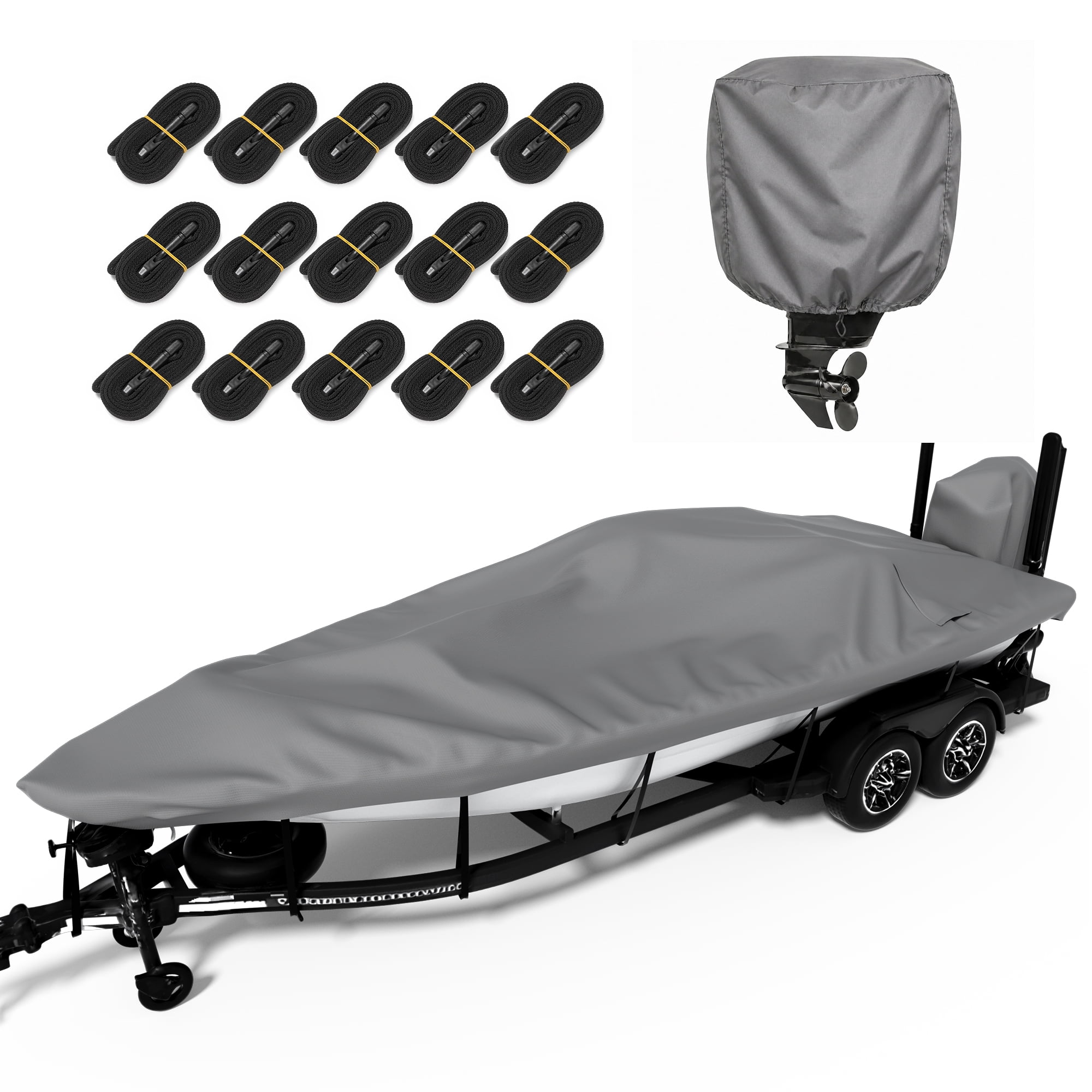 Agricasst 16-18FT Trailerable Boat Cover, 1200D Heavy Duty Waterproof Tarp Covers with Boat Motor Cover & 15 Adjustable Traps, Bass Boat Cover for V-Hull Fish Ski Pro-Style Fishing Runabout, Grey