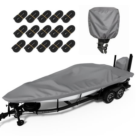 Agricasst 20-22FT Trailerable Boat Cover, 1200D Heavy Duty Waterproof Tarp Covers with Boat Motor Cover & 15 Adjustable Traps, Bass Boat Cover for V-Hull Fish Ski Pro-Style Fishing Runabout, Grey