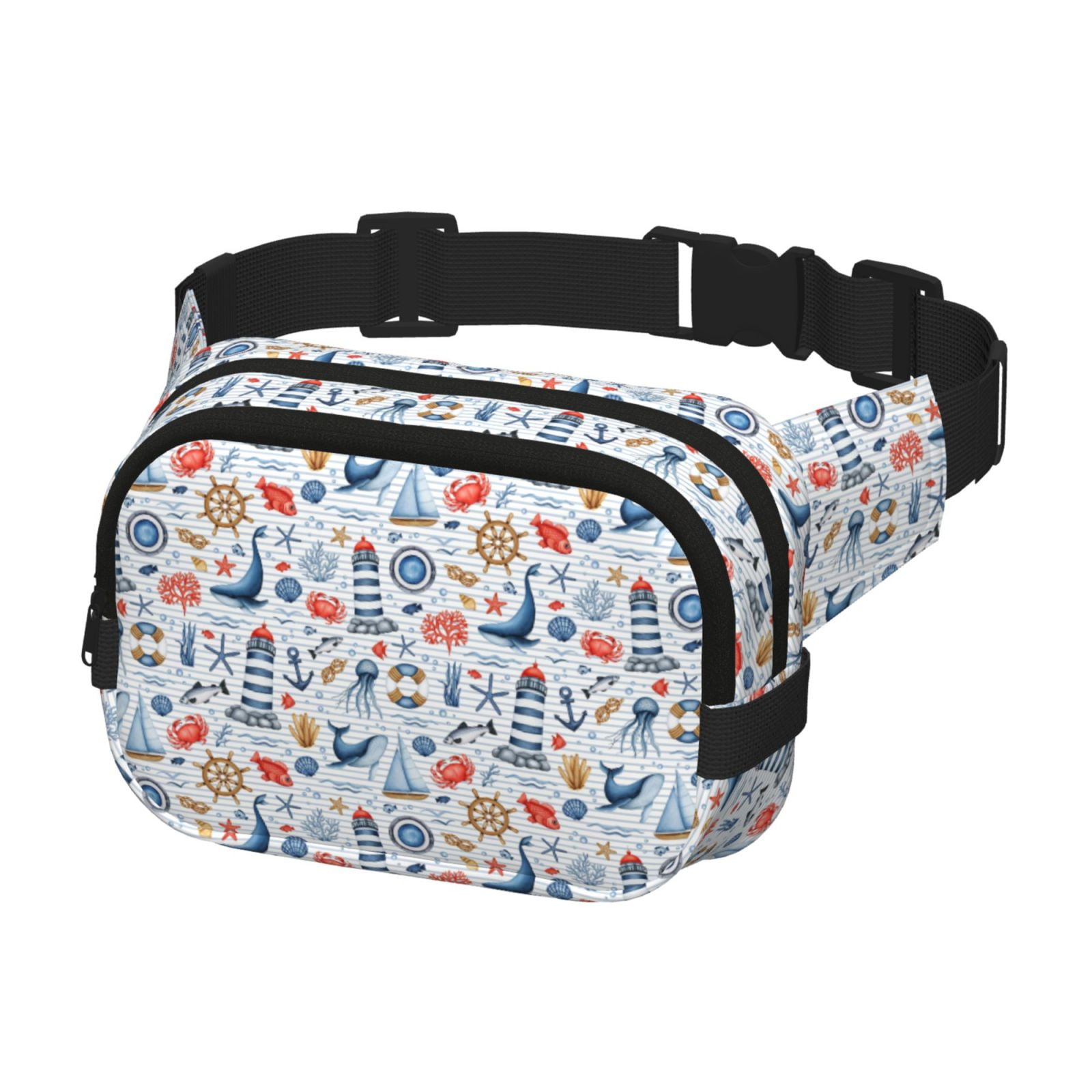 Picia Watercolor Nautical Print Square Double-Layer Waist Bag Mini Adjustable Waist Belt Bag Exercise Running Travel Hiking