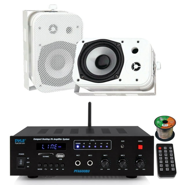 Pyle PFA600BU Compact Bluetooth USB AUX FM Radio Public Address Amplifier Receiver System Combo Bundle with 2x 5.25" 400W Max Power Indoor/Outdoor White Waterproof Speakers, 16 Gauge Speaker Wire