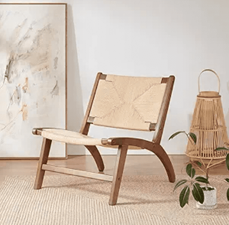 MAYEERTY Modern Boho Accent Chair, Scandinavian Beech Wood, Braided Jute Woven Seat & Back, Light Amber-Beige