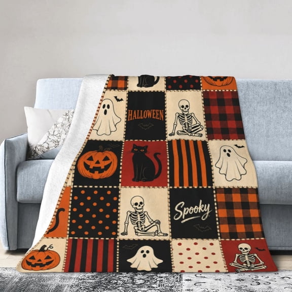 Halloween Blanket, Birthday Gifts for Adults, Black Orange Grid Funny Throw, Soft Cozy Flannel Decor 50x40
