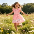 thumbnail image 2 of Girls Dresses Back To School Ruffle Trim Ruched Sleeveless Crew Neck Cartoon Print Dress Girls School Uniform Size 3 Y, 2 of 7