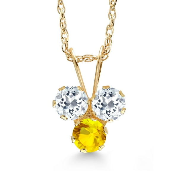 Gem Stone King 14K Yellow Gold White Topaz and Yellow Sapphire 3-Stone Pendant Necklace for Women (0.41 Cttw, Gemstone November Birthstone, Round 3MM, 18 inch Chain)