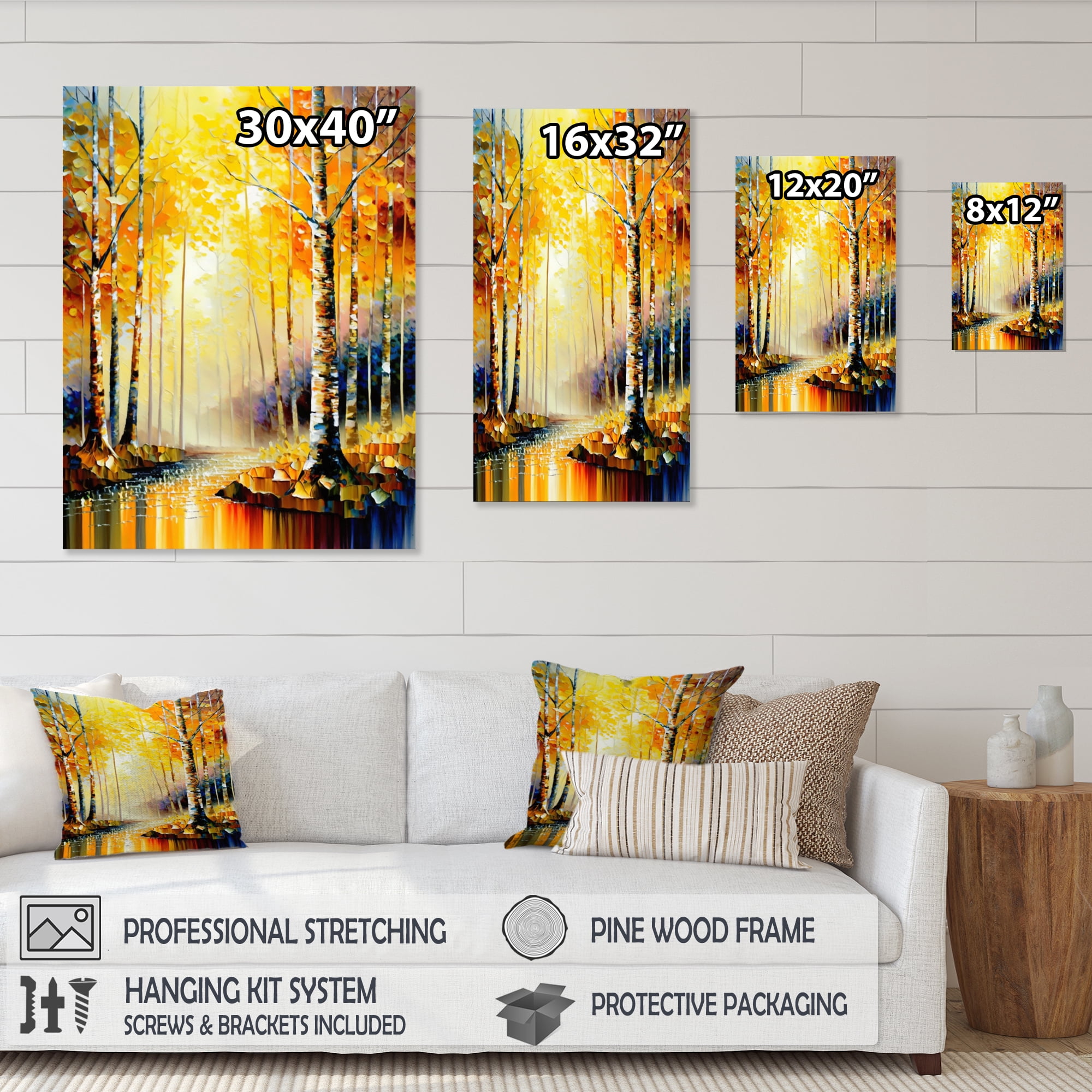 Designart River In Golden Birch Forest Canvas Wall Art