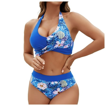 QYZEU Swimsuit for Women 2024 2 Piece Hanging Neck Swim Bra Two Piece Print Bikini High Set Wrap Waist Retro Front Swimsuit Breathable Comfy Lightweight Swimwear Blue XL