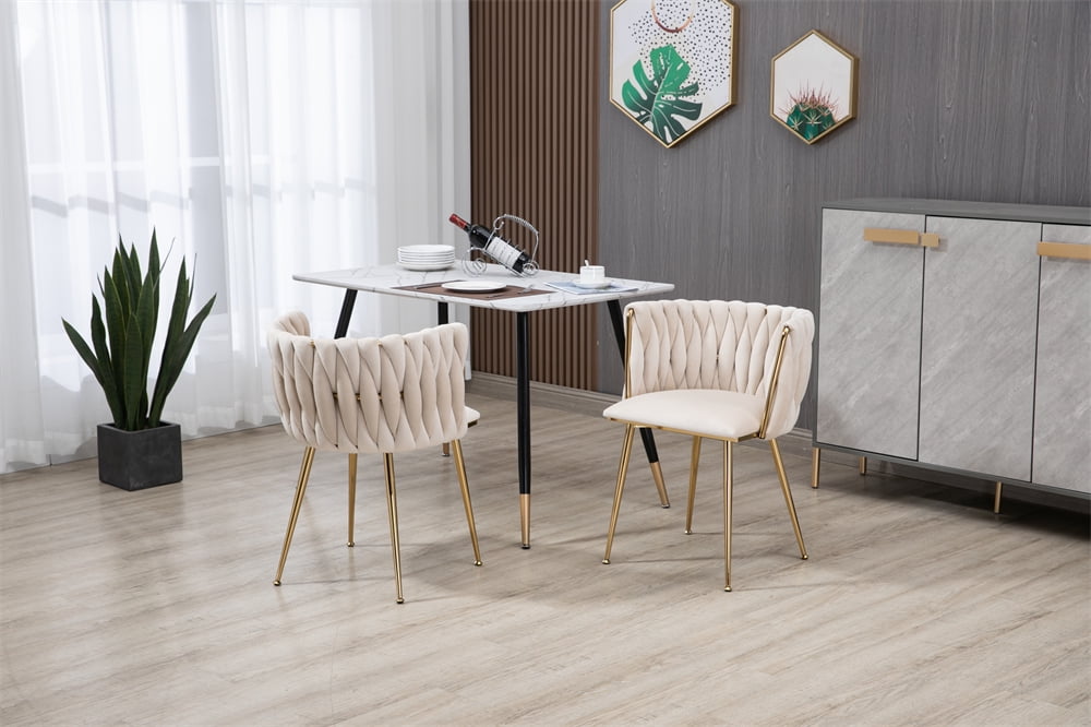 Velvet Dining Chairs Set of 2, Barrel Accent Chair with Woven Backrest and Golden Metal Legs