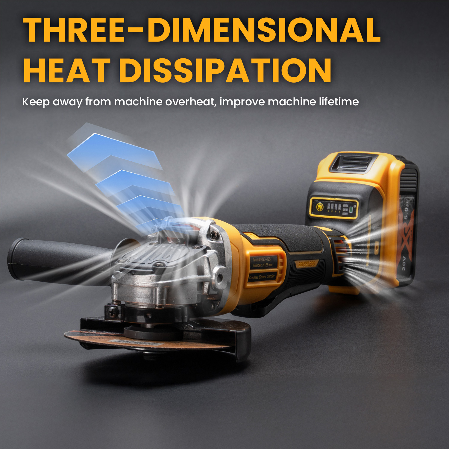 Cordless Angle Grinder, 125mm Disc, Fit Dewalt 20V Battery, 8500 RPM Max, Tool Only