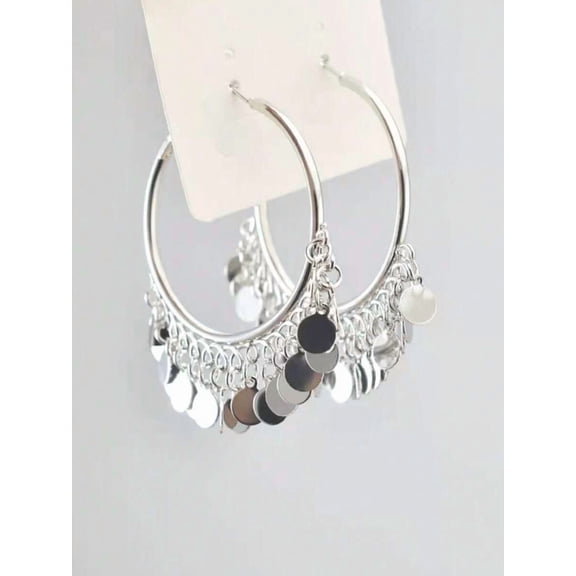 Large Hoop Earrings with Disc Charms, Silver, 1 Pair