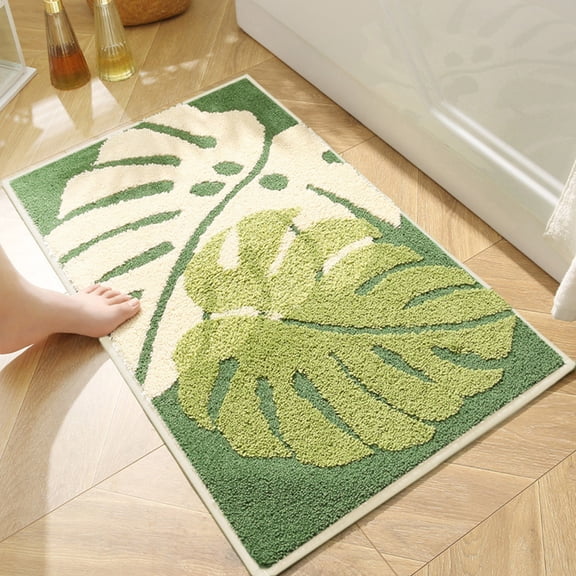 Bath Mats for Bathroom, Green Leaf Non Slip Bathroom Rug, Cute Small Washable Bath Rug Floor Door Mat for Indoor Shower Bathtub Decor