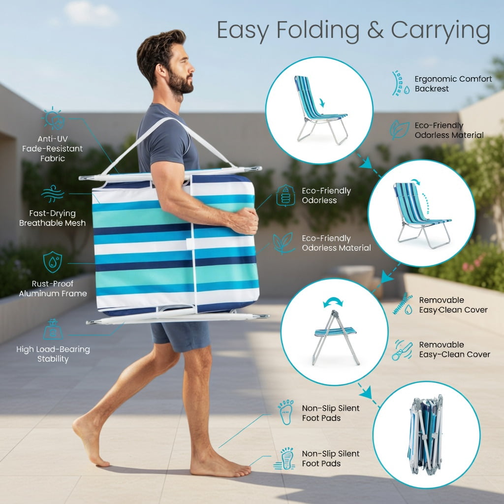 Hommoo 2-Pack Adjustable 5-Position Lay-Flat Beach Lounge Chairs with Carry Strap, Heavy-Duty 600D Oxford & Steel Frame, Blue
