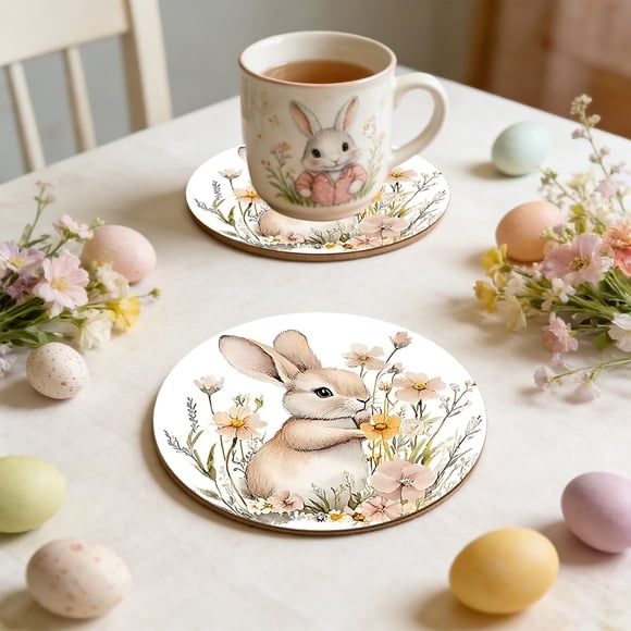 CaiYueKe Easter Bunny Wooden Coasters Heat Resistant Cup Mats for Dining Table Kitchen Decor Insulating Drinkware Protectors Cute Spring Home Decorations