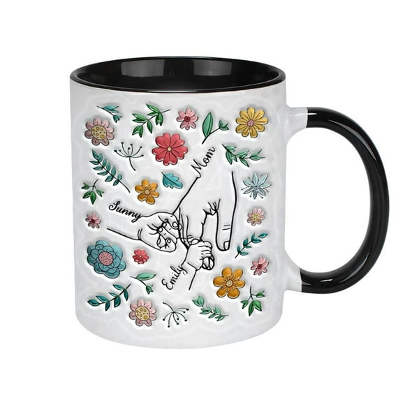 Custom Mom Mug with Kids Names, Personalized Holding Mom's Hand 3D Inflated Effect Mug, Floral Mug Little Hands Kids Grandkids Holding Mom Nana Hand, Gifts Mother's Day Y4I1