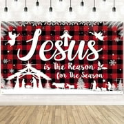 Christmas Jesus Religious Banner Xmas Holy Night Backdrop Jesus is The Reason for The Season Red Buffalo Plaid Banner for Winter Holiday Xmas Religion Party Outdoor Decors