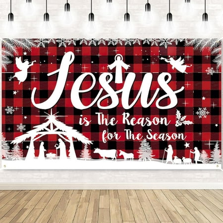 Christmas Jesus Religious Banner Xmas Holy Night Backdrop Jesus is The Reason for The Season Red Buffalo Plaid Banner for Winter Holiday Xmas Religion Party Outdoor Decors