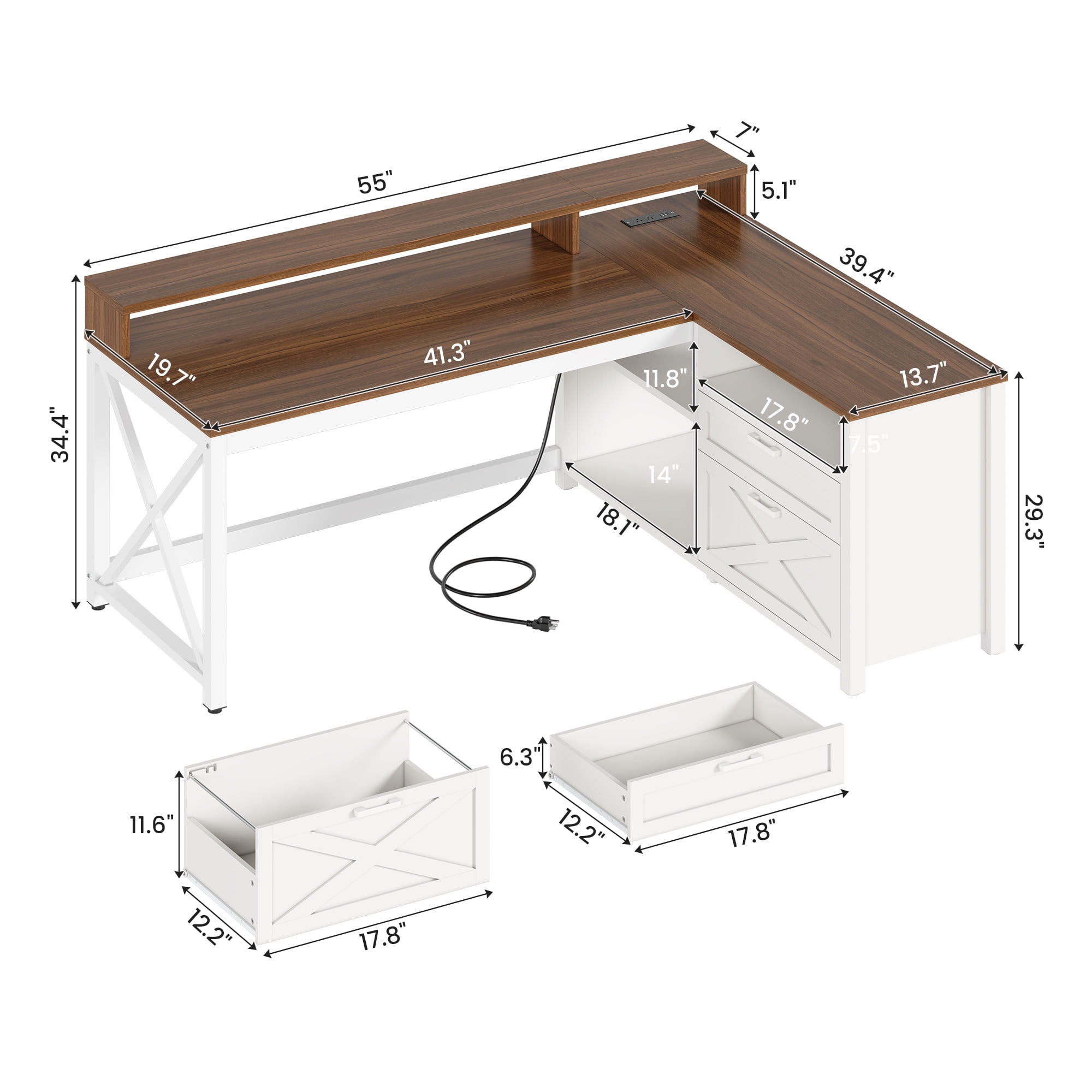 SEDETA L-Shaped Desk with Power Outlets & LED Lights for Home Office, Large Computer Desk with Monitor Stand & Storage Drawer & File Drawer, Farmhouse Corner Computer Desk with 5 Open Shelves, White
