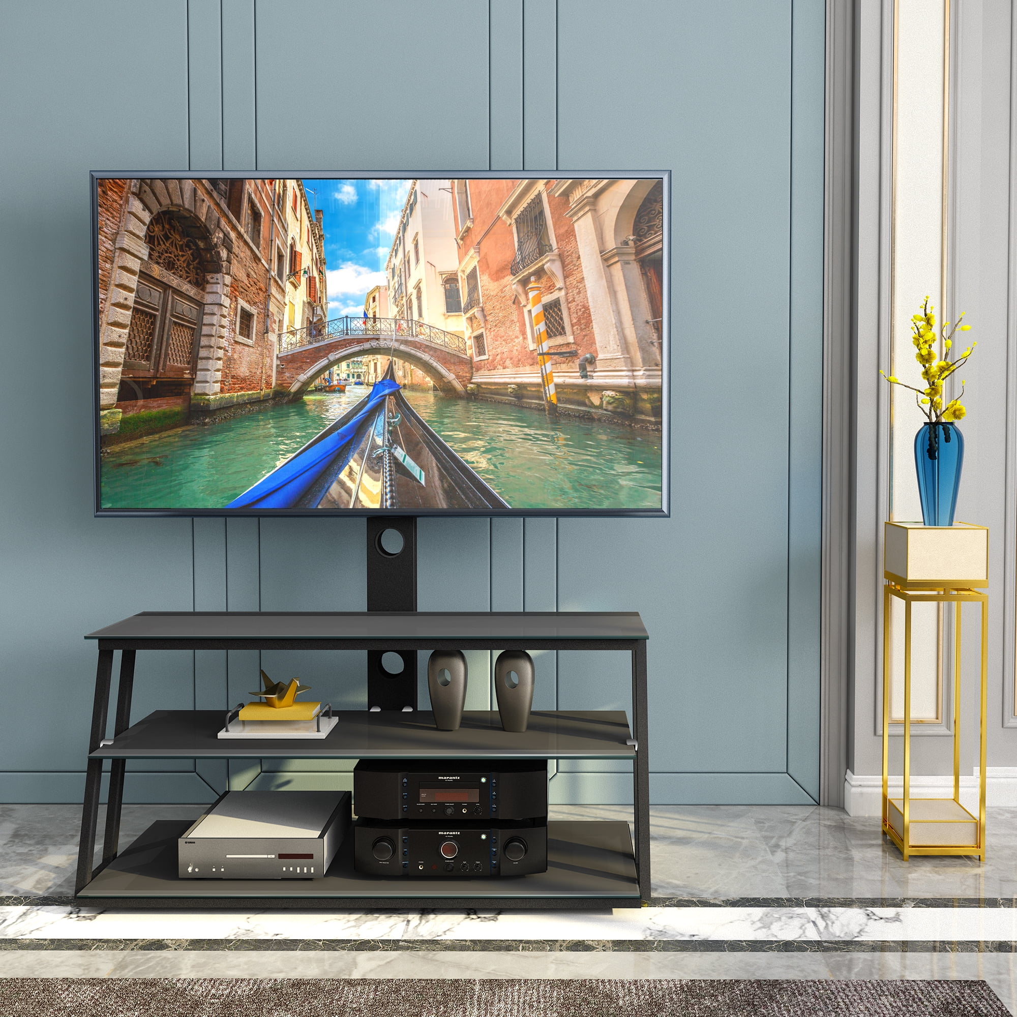 Euroco Black Multi-Function Angle And Height Adjustable Tempered Glass TV Stand