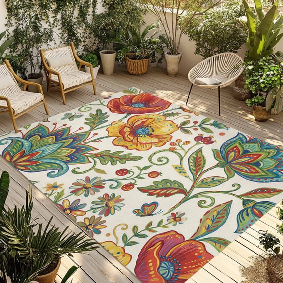 Green Yellow Paisley Outdoor Rug for Patio/Deck/Porch, Non-Slip Large Area Rug 5 x 8 Ft, Vintage Boho Floral Botanical Indoor Outdoor Rugs Washable Area Rugs, Reversible Camping Rug Carpet Runner