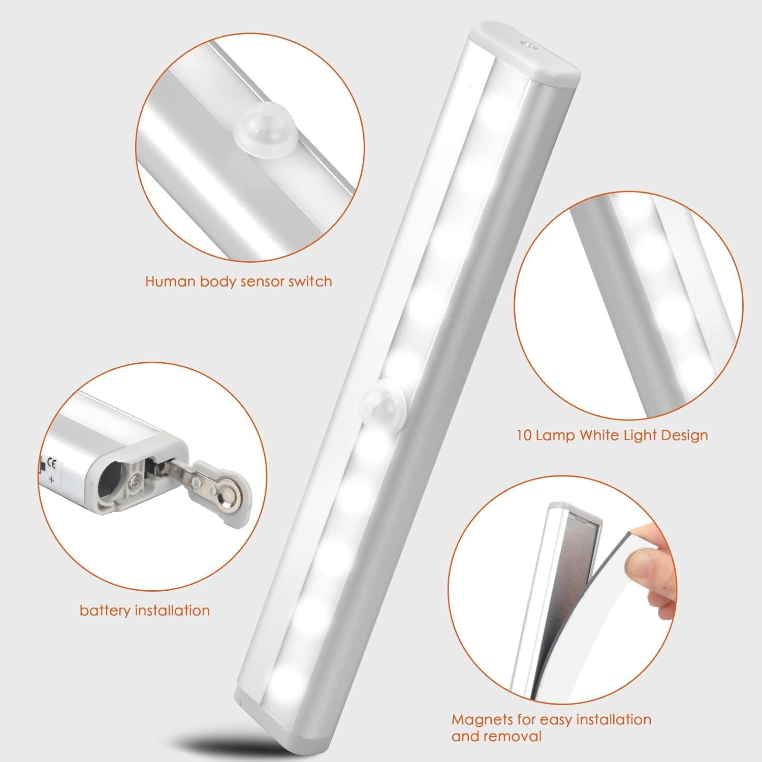 4pcs LED Closet Lights with Motion Sensor and Magnetic Strip, 10 LED Night Light Battery Operated Closet Light, Cabinet Lighting, Wireless Lighting for Kitchen