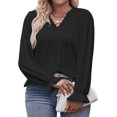 thumbnail image 3 of Tops de talla grande para mujer con cuello en V y volantes de manga larga con ojales, blusas huecas casuales de encaje de moda, 3 of 5