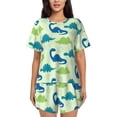 thumbnail image 1 of Fotbe Cute Dinosaur Blue Green Conjunto de Pijama Estampado para Mujer, 2 Piezas, Ropa de Dormir con Camiseta de Manga Corta y Shorts Suaves-Small, 1 of 6