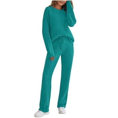 qolati Women s 2 Piece Fuzzy Fleece Pajama Set Long Sleeve Pullover Tops Wide Leg Pajama Pants Matching Lounge Sets 2024 Fall Trendy Green L 8