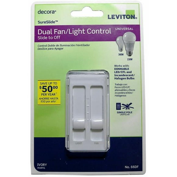 Leviton 3001339 Decora Sureslide Fan & LED Dimmer Slide Switch, Ivory