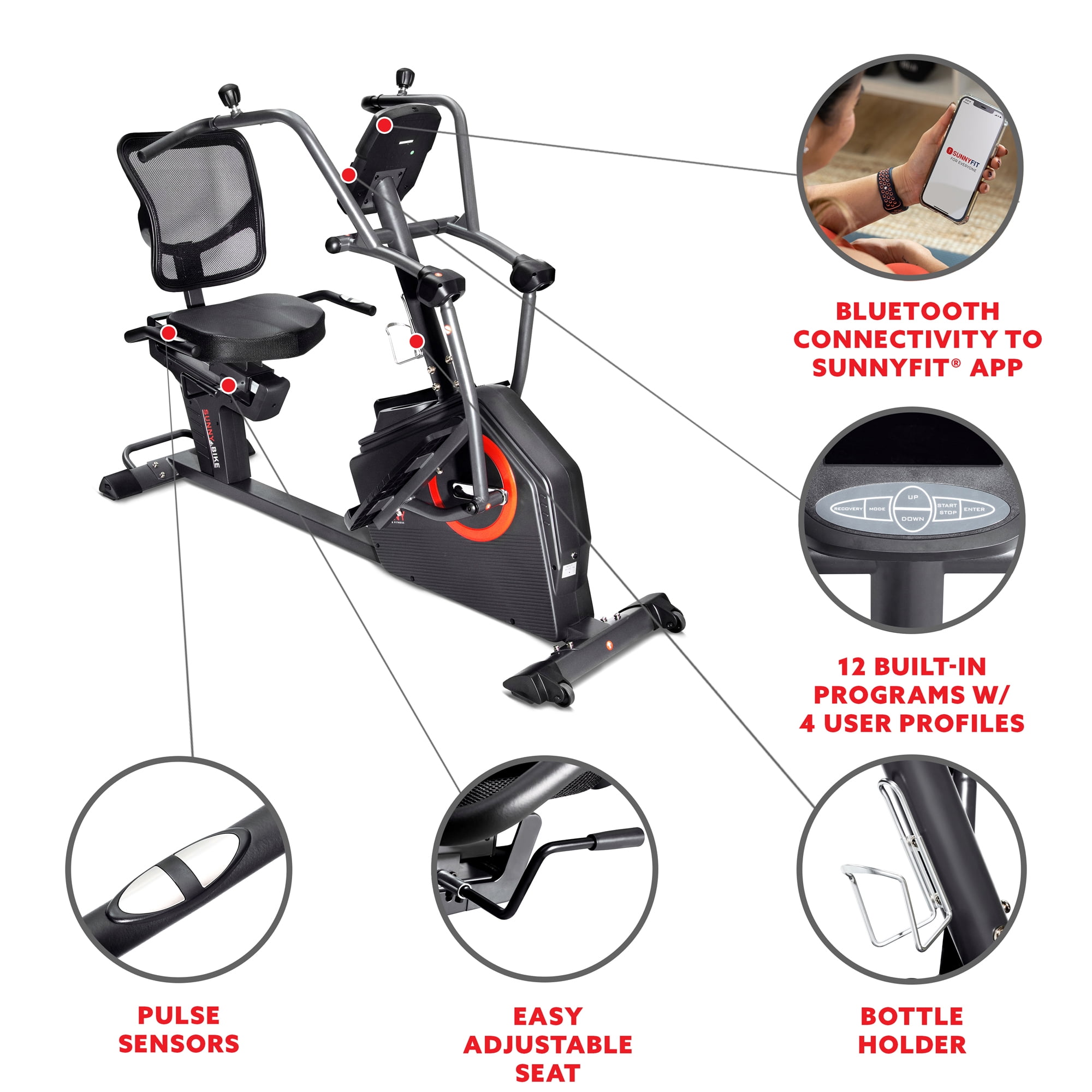 Sunny Health & Fitness Electromagnetic Recumbent Cross Trainer Exercise Elliptical Bike w/Arm Exercisers, Easy Access Seat & FREE SunnyFit App via Bluetooth - SF-RBE4886SMART