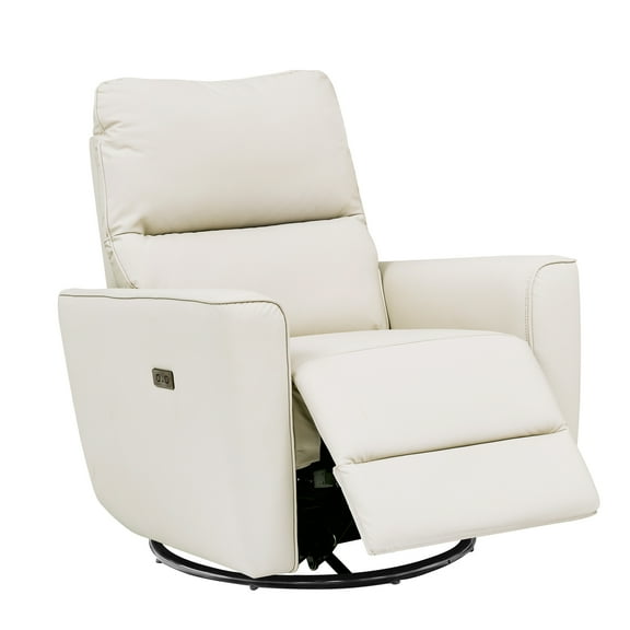 M optimized Power Swivel Recliner Chair, PU Leather Upholstered Rocker Recliner with Adjustable Footrest and Curved Armrest, Modern Reclining Sofa Chair with Charging Port for Living Room