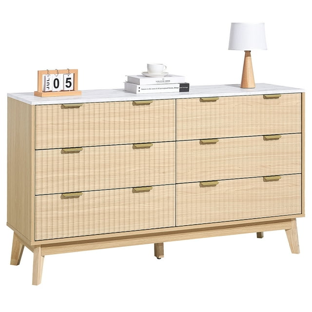 VEVOR 6 Fluted Drawer Dresser Wooden Chest of Drawers w/ Sliding & Anti-tip Wood